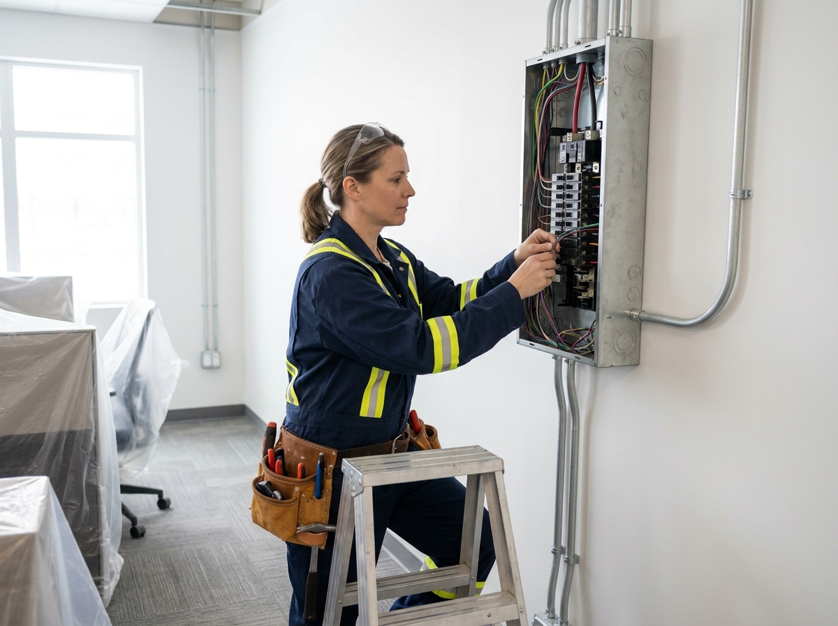 Électricienne professionnelle travaillant sur un tableau électrique dans un chantier de bureau, illustrant les femmes dans les métiers du bâtiment