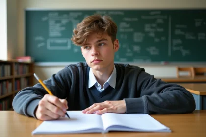 Jeune lyceen concentré lors d'un examen en classe