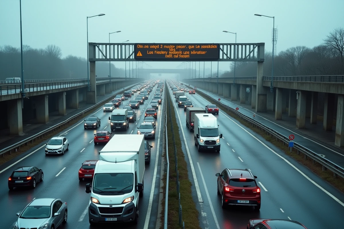Embouteillage important sur le périphérique de Lorient avec file de voitures à l'arrêt et panneau de signalisation