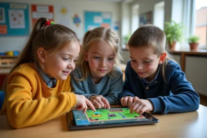 Enfants jouant à un jeu pédagogique sur l'agriculture sur une tablette en classe