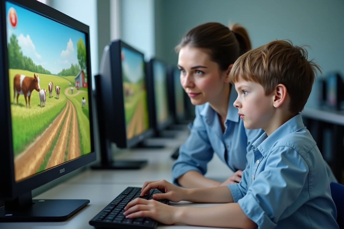 Enseignante guidant un élève sur le jeu éducatif Simagri agriculture à l'école