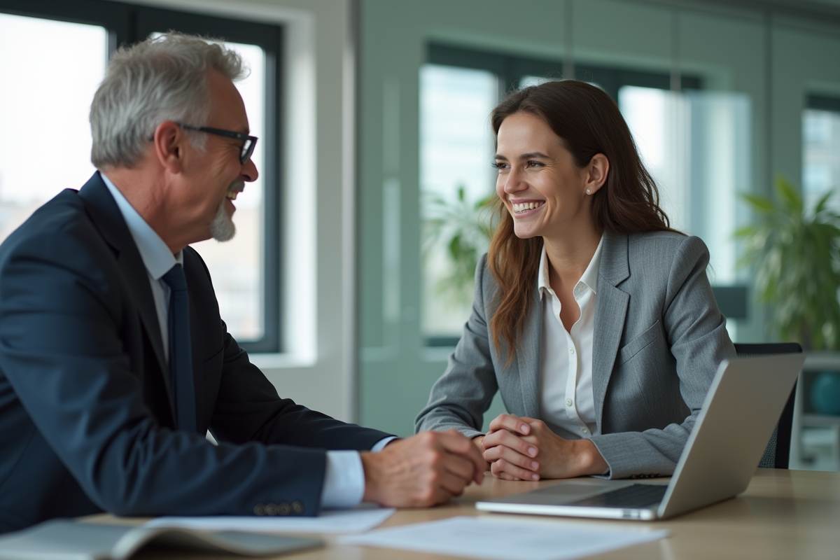 Manager senior mentorant un jeune professionnel dans un bureau lumineux