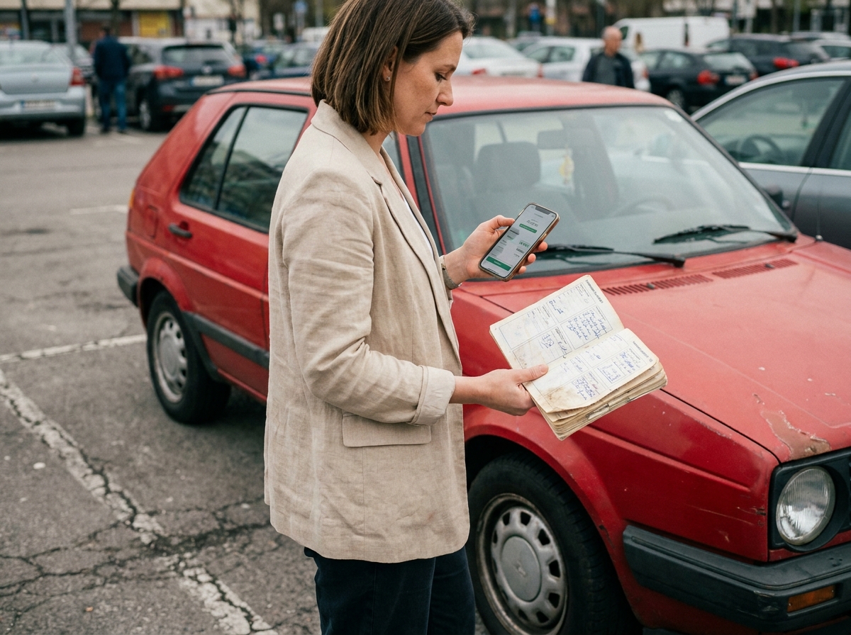 Femme comparant une estimation en ligne avec le carnet d'entretien de sa voiture dans un parking urbain