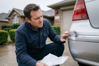 Homme évaluant lui-même sa voiture en examinant un dommage sur le pare-chocs arrière dans une allée résidentielle