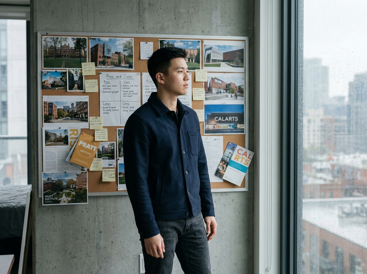 Étudiant masculin analysant un tableau comparatif d'écoles d'art dans un appartement moderne