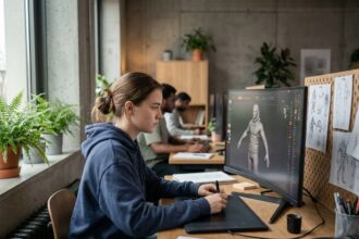Étudiante en école de jeu vidéo travaillant sur un logiciel de modélisation 3D dans un studio de formation moderne