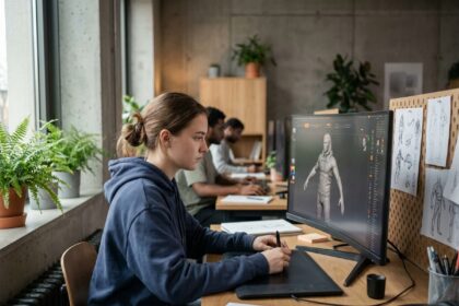 Étudiante en école de jeu vidéo travaillant sur un logiciel de modélisation 3D dans un studio de formation moderne