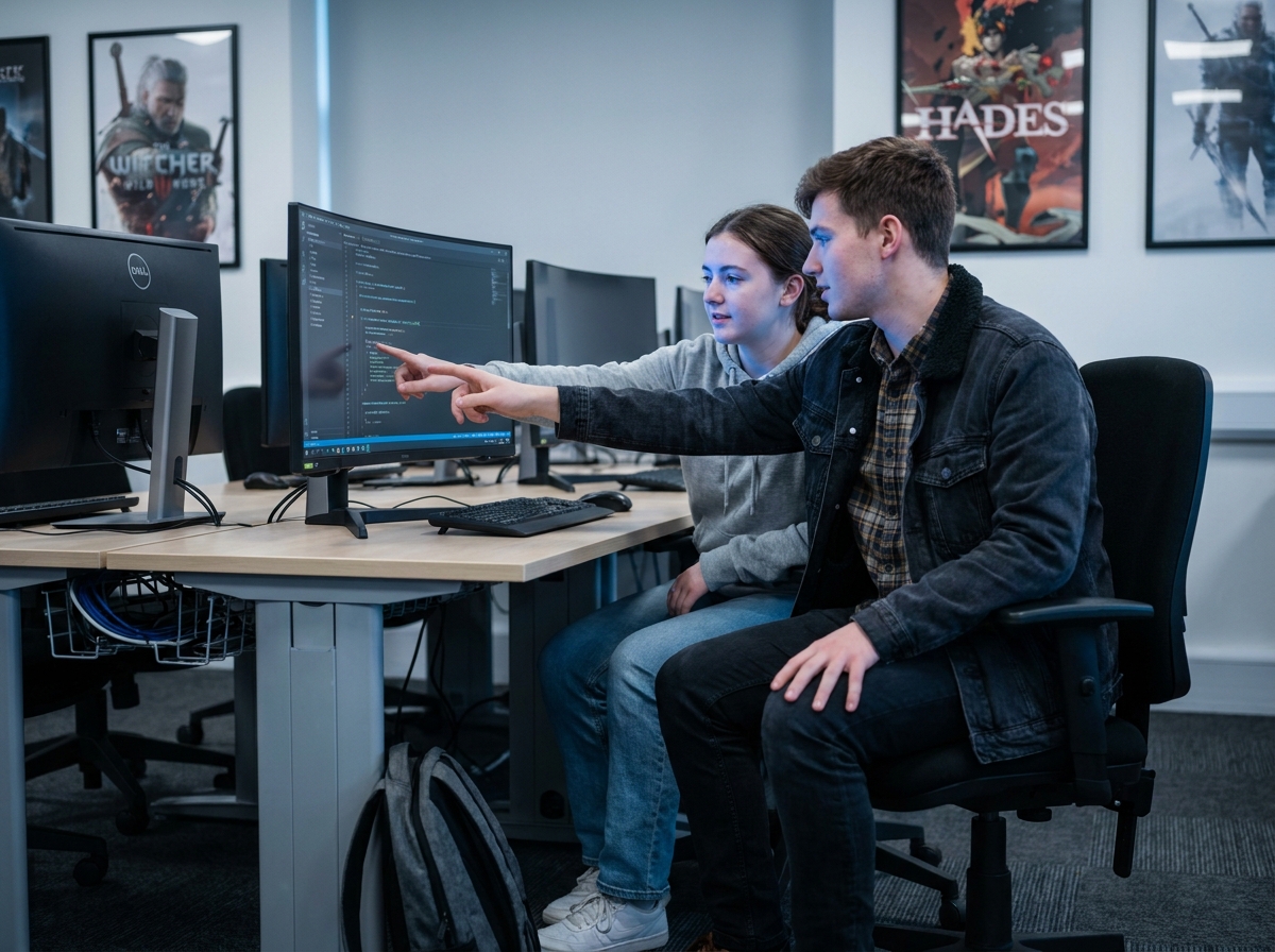 Deux étudiants en programmation de jeux vidéo collaborant sur un code dans un laboratoire informatique universitaire