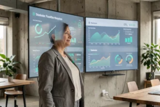 Femme experte en transition énergétique devant un tableau de bord numérique affichant des données de production d'énergie renouvelable dans un bureau moderne