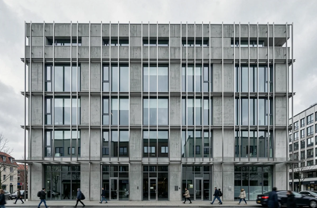Façade architecturale moderne avec profils en inox extérieurs sur immeuble en béton et verre