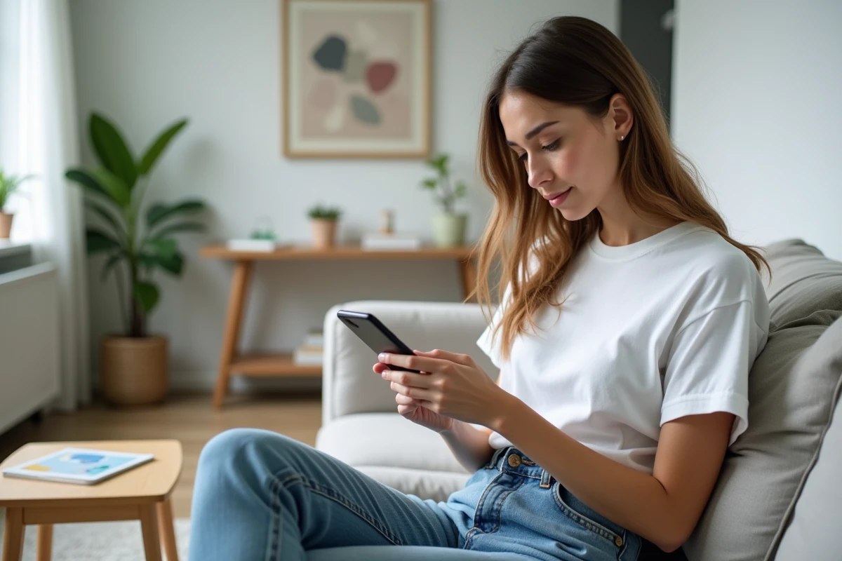 Jeune femme consultant la FAQ du service client Sosh sur son téléphone dans un salon moderne