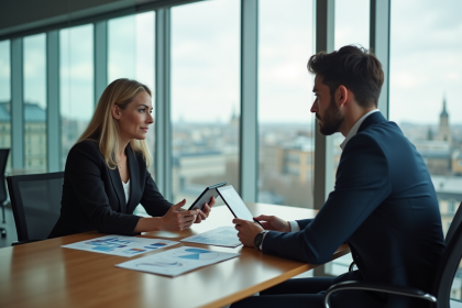 Femme d'affaires française discutant de données avec un collègue