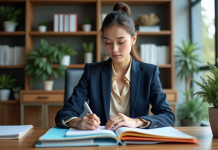 Femme d'affaires en réunion triant des dossiers colorés