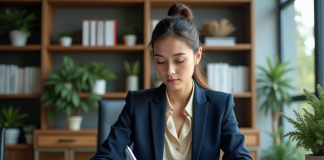 Femme d'affaires en réunion triant des dossiers colorés