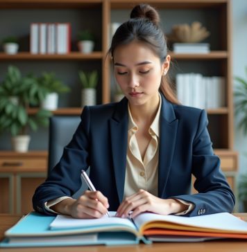 Femme d'affaires en réunion triant des dossiers colorés