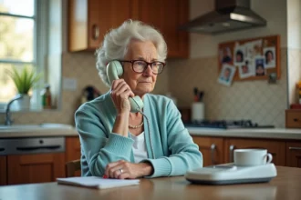 Une femme âgée confuse au téléphone, potentielle victime de démarchage téléphonique à domicile