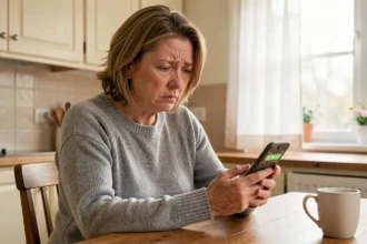 Femme inquiète regardant un appel inconnu sur son téléphone, illustrant le démarchage téléphonique agressif