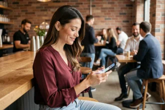 Femme célibataire dans la trentaine qui consulte une application de rencontre sur son smartphone dans un café urbain moderne
