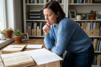 Femme en étude phonétique dans un bureau cosy