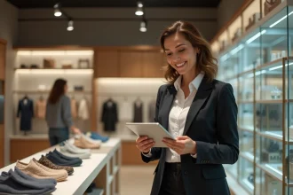 Femme confiante avec tablette dans une boutique moderne