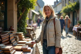 Femme souriante parcourant une brocante en Bretagne
