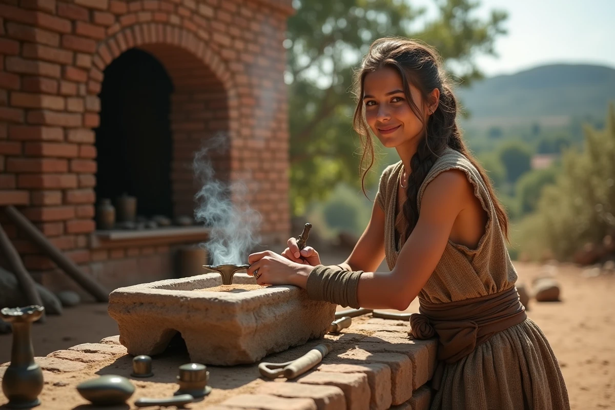 Jeune femme façonnant du bronze dans un atelier en plein air