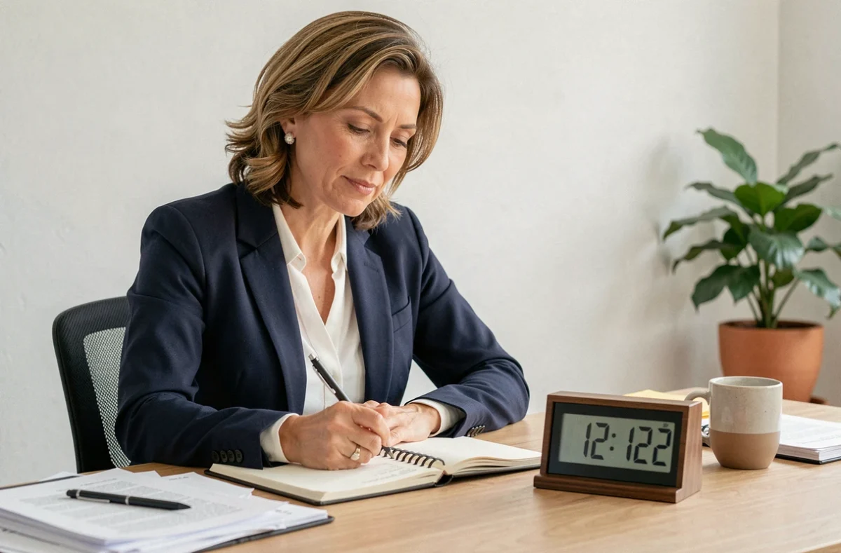 Femme à son bureau remarquant l'heure miroir 12h12 sur son réveil numérique, moment de doute et de confirmation intérieure