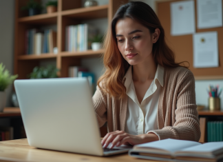 À quoi s’attendre de la liste des métiers sur Oulala.net ? Jeune femme au bureau regardant son ordinateur portable