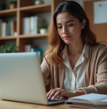 Jeune femme au bureau regardant son ordinateur portable