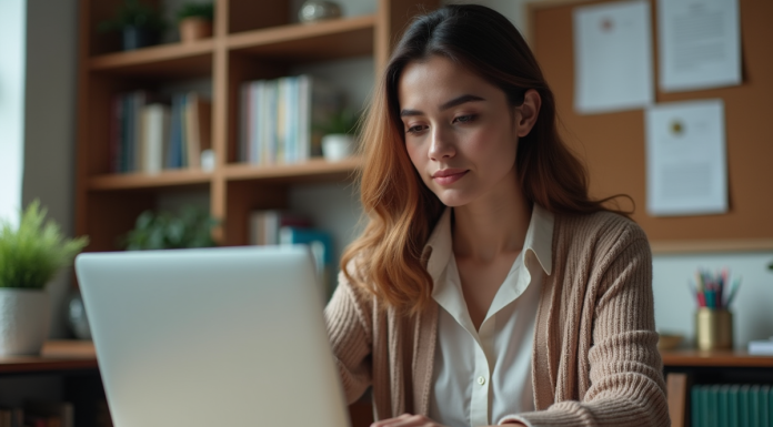 À quoi s’attendre de la liste des métiers sur Oulala.net ? Jeune femme au bureau regardant son ordinateur portable