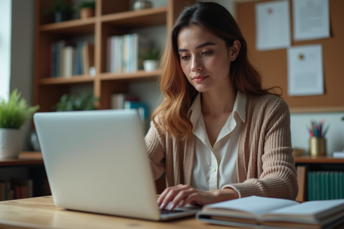 Jeune femme au bureau regardant son ordinateur portable
