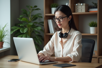 Jeune femme au bureau avec ordinateur et plantes