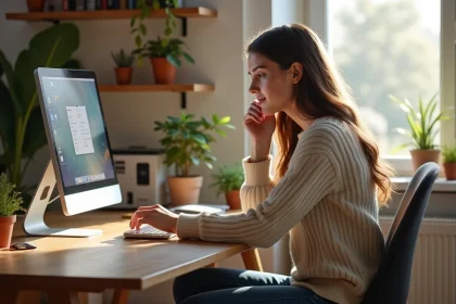 Jeune femme concentrée sur son ordinateur dans un bureau lumineux