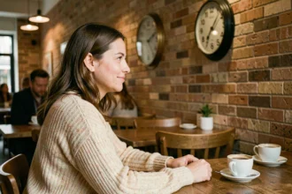Femme contemplative dans un café regardant une horloge affichant 12h12, symbolisant le message de l'heure miroir