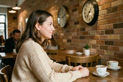 Femme contemplative dans un café regardant une horloge affichant 12h12, symbolisant le message de l'heure miroir
