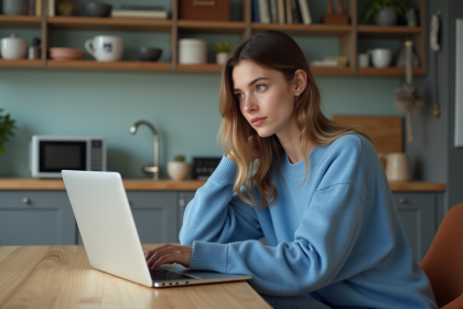 Jeune femme en casual au bureau avec ordinateur