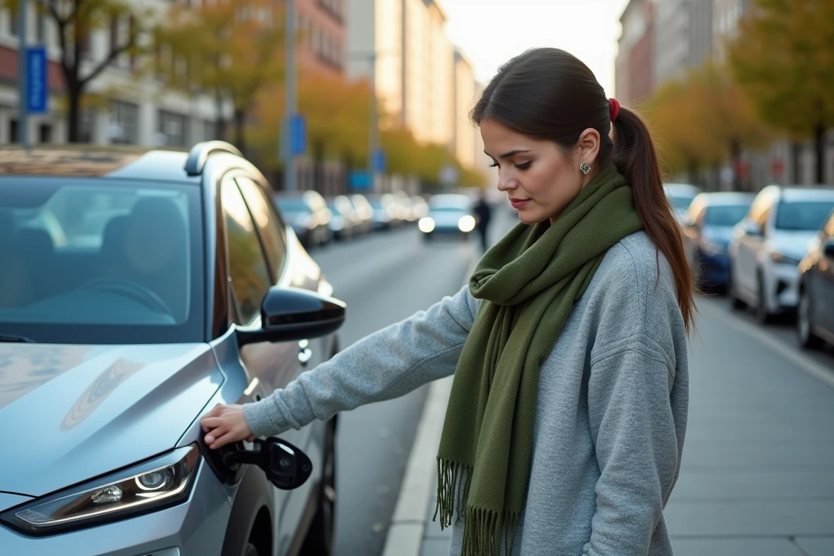Jeune femme connectant la borne de recharge d