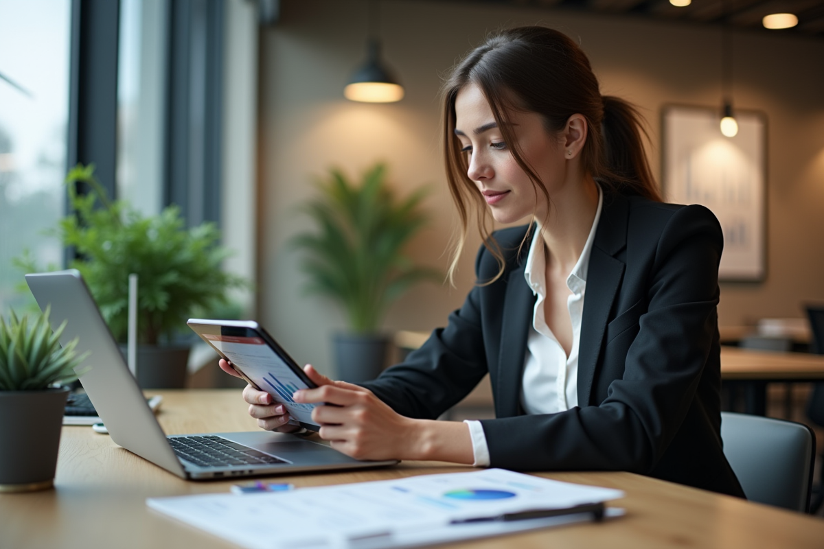 Jeune femme analysant des graphiques sur une tablette en coworking
