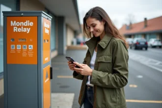 Femme récupérant un colis dans un point relais Mondial Relay situé en extérieur avec parking accessible