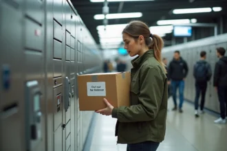 Femme tenant un colis Vinted Go devant un locker hors service dans une gare de banlieue