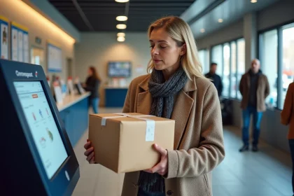 Femme avec colis dans une poste moderne