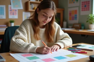 Jeune femme coloriant une grille de pixel art sur papier quadrillé avec des marqueurs de couleur vive à son bureau