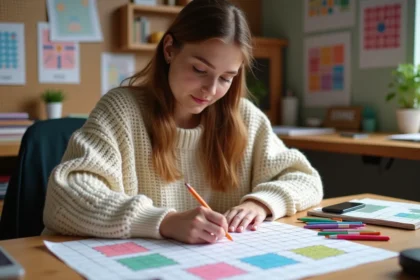 Jeune femme coloriant une grille de pixel art sur papier quadrillé avec des marqueurs de couleur vive à son bureau
