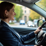 Conduire une voiture automatique : règles et droits à respecter en France Femme d'âge moyen conduisant une voiture automatique en banlieue