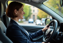 Conduire une voiture automatique : règles et droits à respecter en France Femme d'âge moyen conduisant une voiture automatique en banlieue