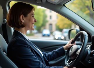 Conduire une voiture automatique : règles et droits à respecter en France Femme d'âge moyen conduisant une voiture automatique en banlieue