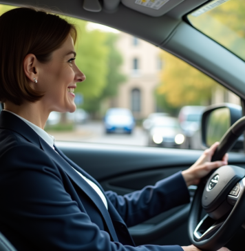 Conduire une voiture automatique : règles et droits à respecter en France Femme d'âge moyen conduisant une voiture automatique en banlieue