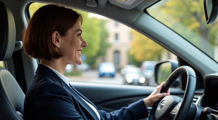 Conduire une voiture automatique : règles et droits à respecter en France Femme d'âge moyen conduisant une voiture automatique en banlieue