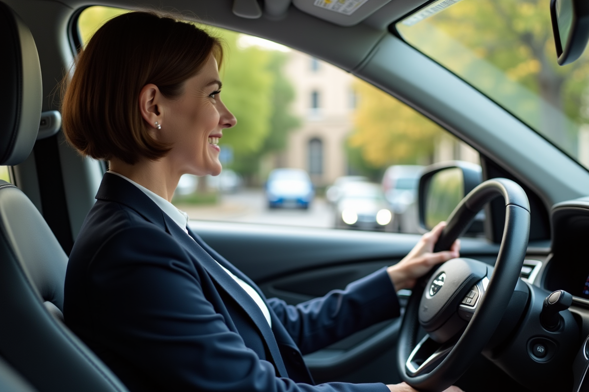 Femme d'âge moyen conduisant une voiture automatique en banlieue
