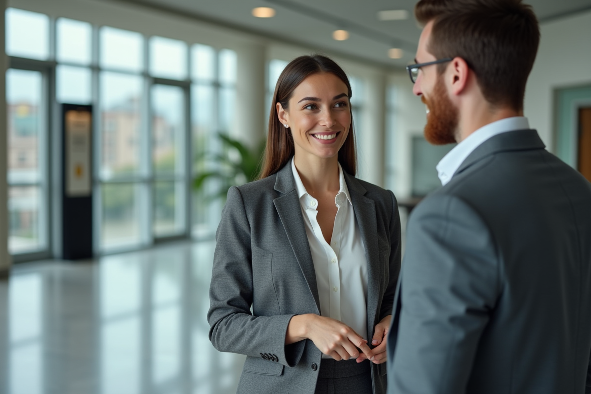 Femme discutant avec un technicien dans un hall moderne